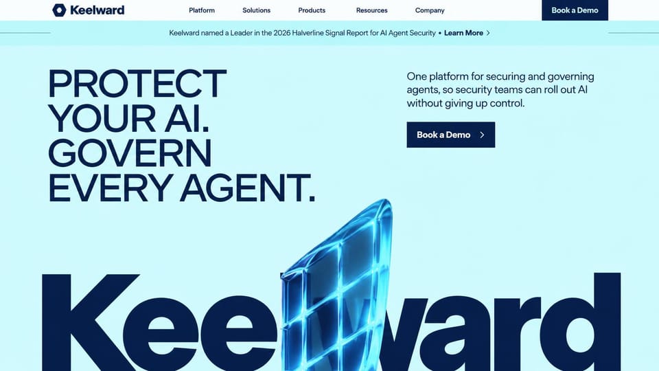 AI startup website design, agent security with a glass shield and giant name: pale cyan page, a navy all-capitals headline, a navy demo button and huge navy lettering behind a glowing blue glass shield