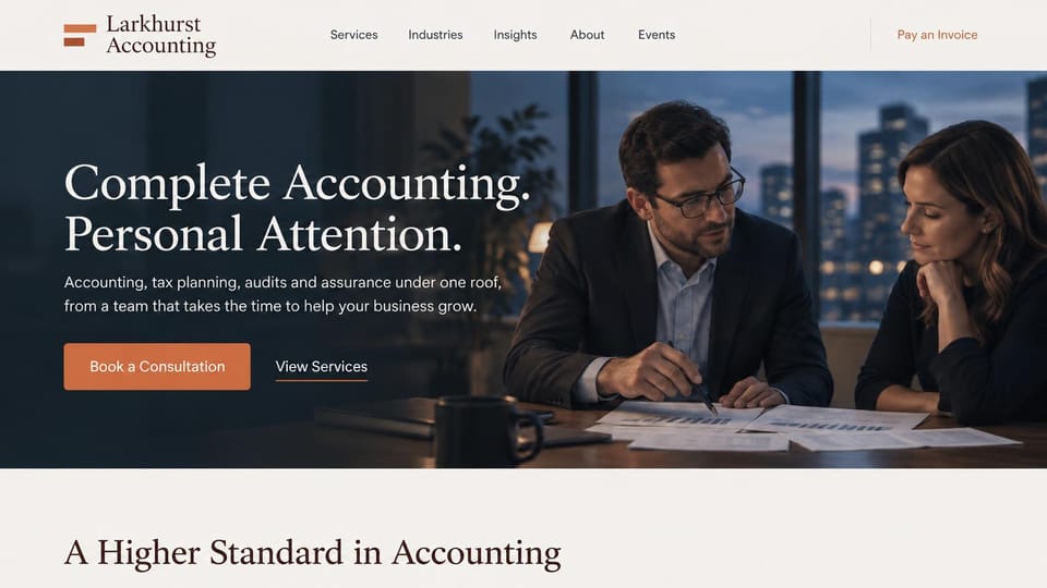 Accounting website design, full-service accounting firm with a dusk client meeting: cream menu, a dark photo of an accountant and a client going over charts at a desk at dusk with city windows behind, a white serif headline, a rust consultation button, a cream band with a serif line