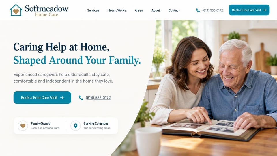 Home care website design, family-owned home care with a curved photo edge: off-white page with a navy and teal serif headline, teal free visit buttons in the header and hero, a heart and pin badge card, and a sweeping curved photo of a smiling woman and an older man looking through a photo album at a kitchen table