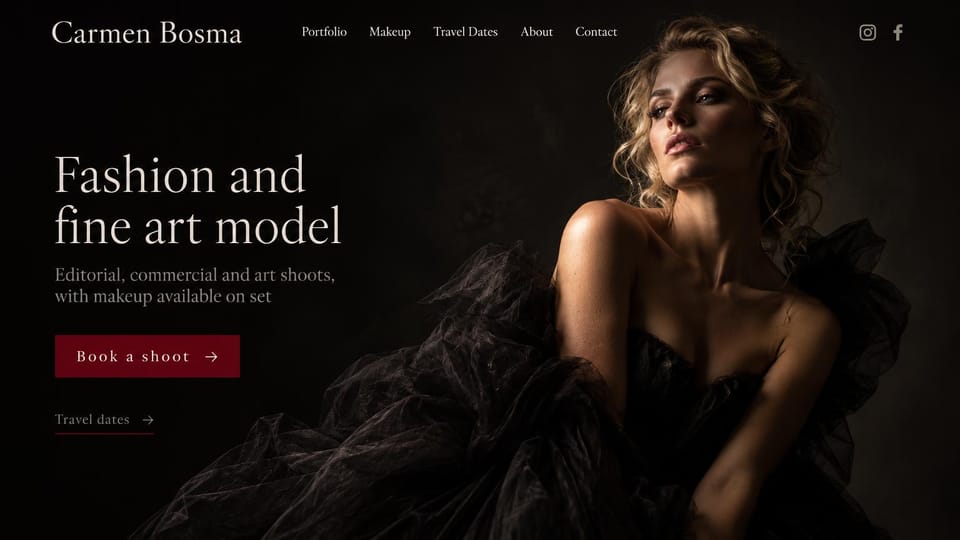 Model portfolio website design, fine art model with travel dates and on-set makeup: black page, a large cream serif headline, a deep red booking button, a blonde woman in a black tulle gown in low light