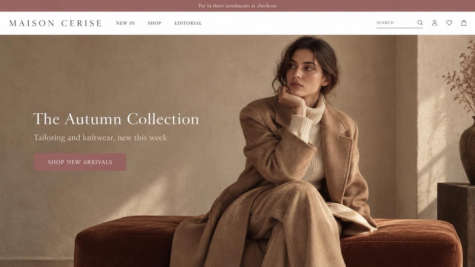 Fashion website design, womenswear boutique on a rust velvet bench: muted rose top bar, a woman in a camel coat and cream knit on a rust velvet bench against a taupe wall, a white serif headline and a muted rose button