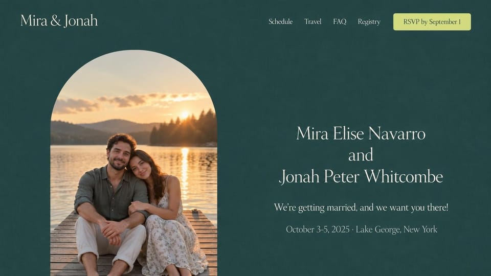 One page website design, wedding website with an arched photo: deep green page, arch-shaped photo of a couple on a dock at sunset, cream serif names and a yellow RSVP button
