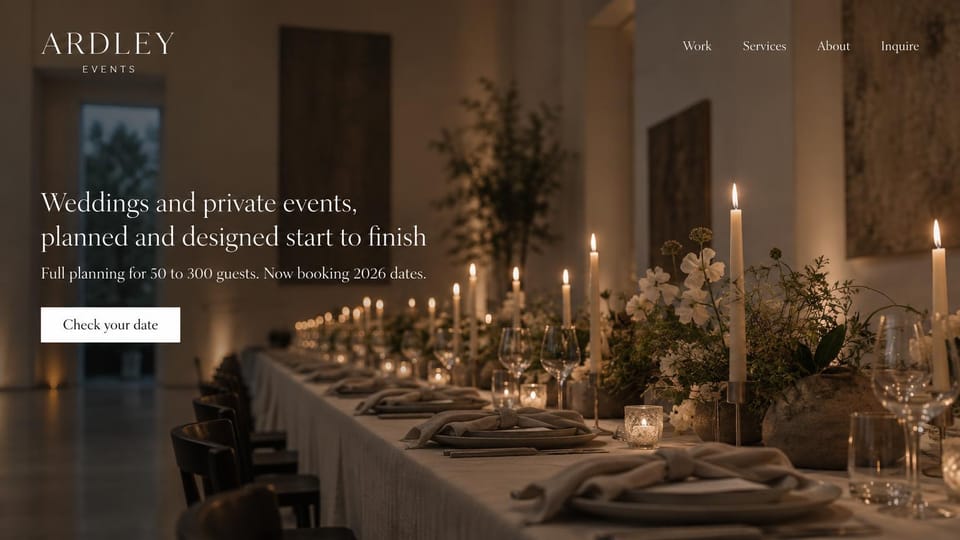 Event planner website design, private events with a candlelit long table: dark stone hall with a long candlelit table, linen napkins and greenery, white serif headline, white date button