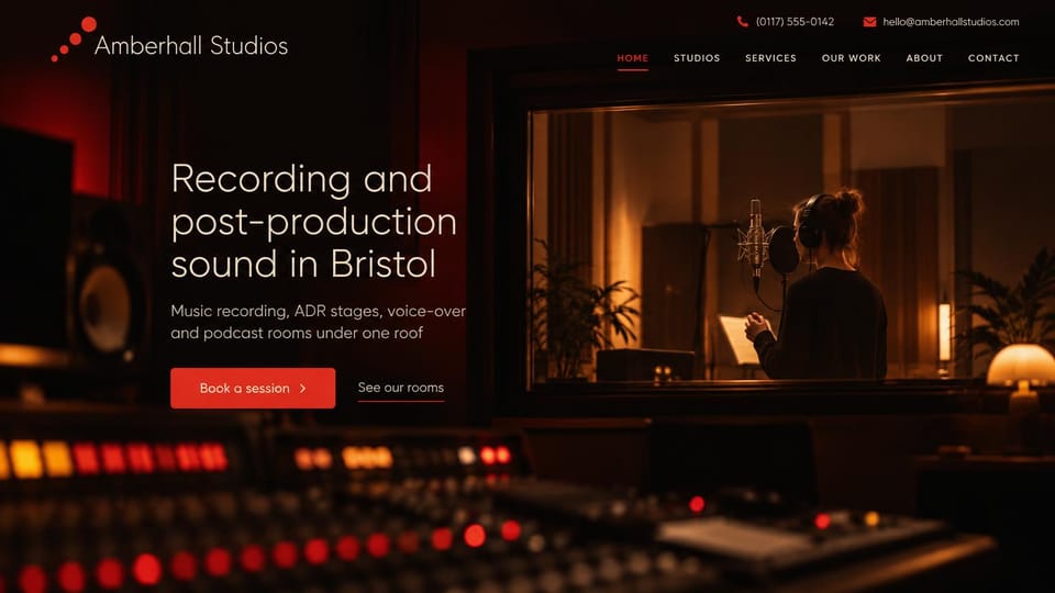 Recording studio website design, recording and post-production with voice-over rooms: dark studio photo of a singer at a microphone behind the control room glass with console lights in the foreground, a thin white headline, a red session button