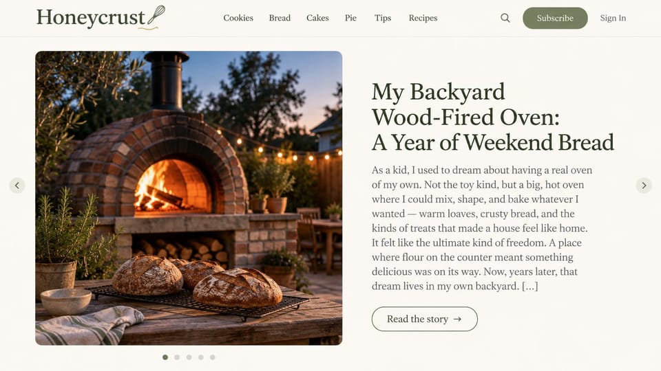 Blog website design, baking blog led by one story: cream page, a wood-fired oven with loaves, a long serif headline and a story excerpt