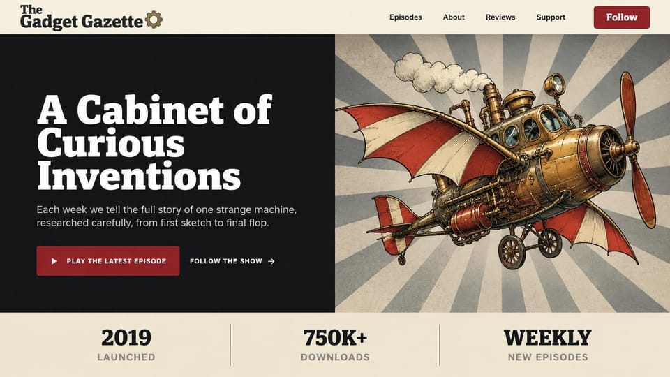Podcast website design, curiosities show with a vintage poster: a black panel with a white serif headline, a steampunk flying machine on a sunburst and a cream stats strip