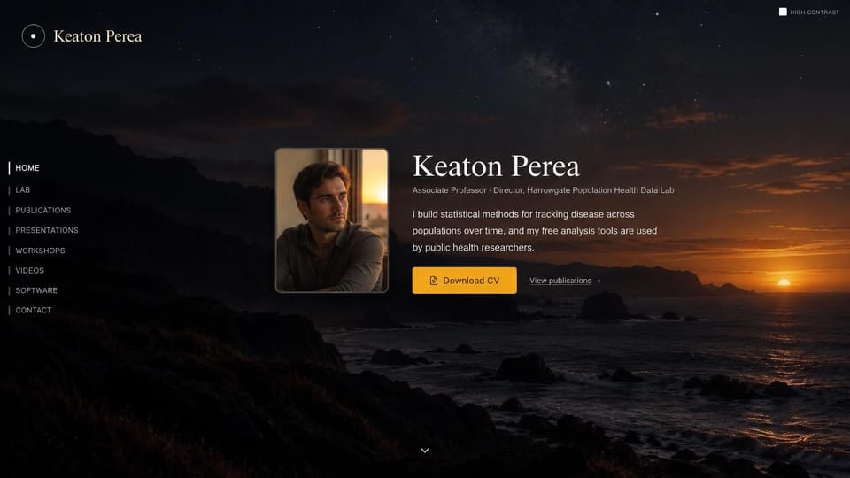 Resume website design, population health professor under a night sky: night sky over a rocky coast at sunset, a framed portrait of a man, a cream serif name, a yellow download CV button and a side menu