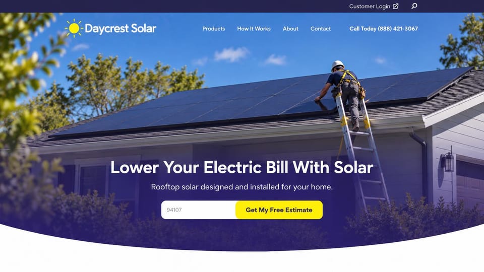 Solar website design, solar landing page with a ZIP code estimate: purple-blue gradient over a photo of an installer on a ladder against a roof, a centered white headline, a white ZIP field with a yellow button, a curved bottom edge