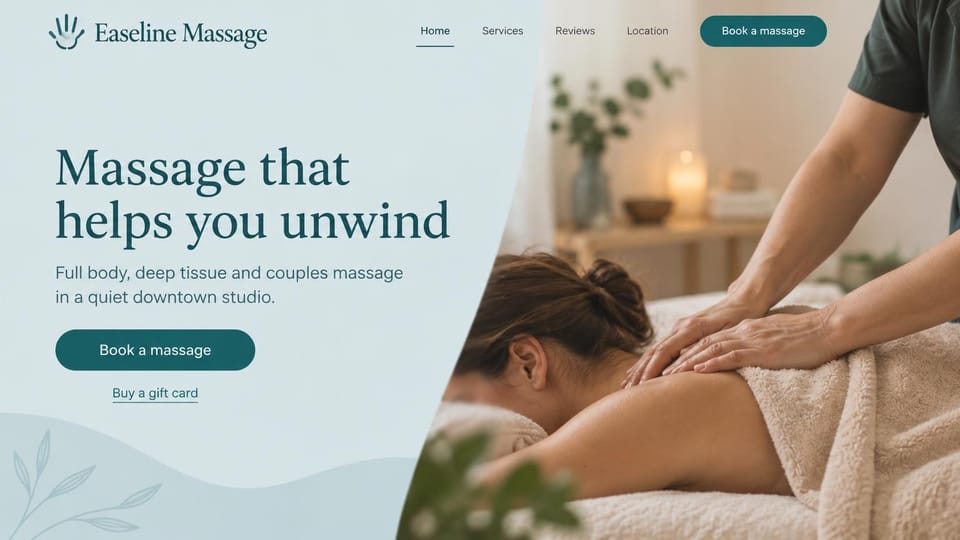 Massage therapist website design, full body and couples massage in pale blue: pale blue page, a large teal serif headline, a teal button and a diagonal photo of a back massage