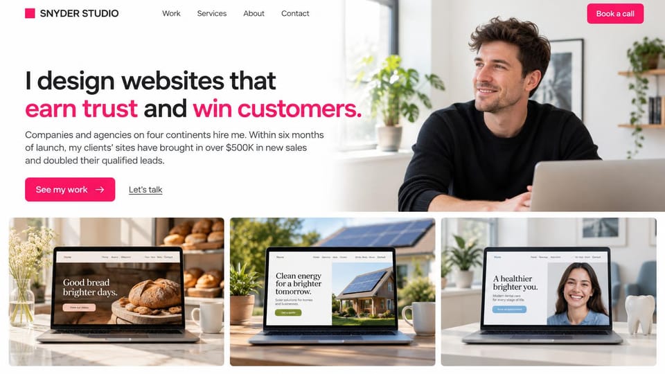 Graphic design portfolio website design, web designer with client sites on laptops: white page, a large black and pink headline, a pink see my work button, a smiling man at a laptop and three laptops showing client websites