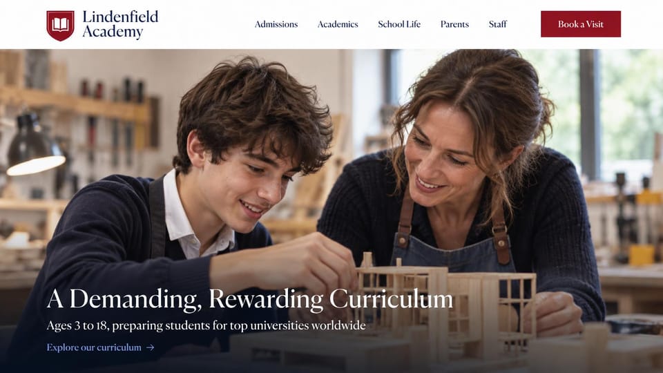 School website design, school for ages 3 to 18 with a workshop photo: white header with a burgundy button, a teen and a teacher building a wooden model in a workshop, a white serif headline at the bottom left