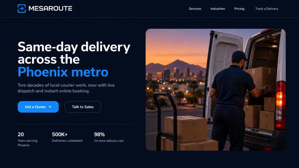Logistics website design, metro same-day delivery with a framed sunset: navy page, white and blue headline, a framed sunset photo of a courier loading boxes into a van with a city skyline and mountains, blue quote button, three stats
