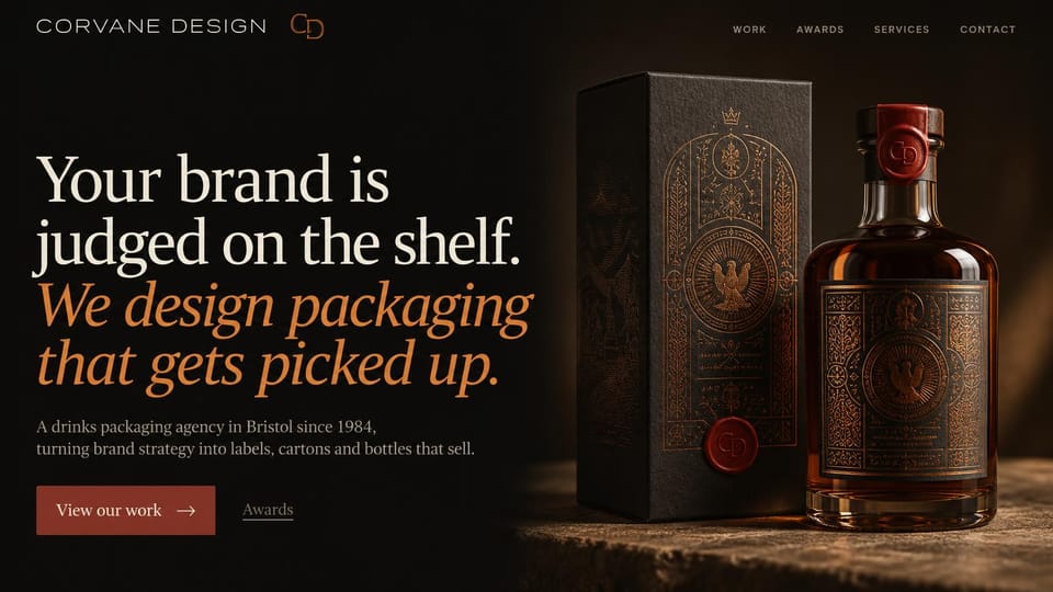 Agency website design, drinks packaging in candlelit tones: dark brown page, an ornate bottle and box, a cream and copper serif headline and a rust button
