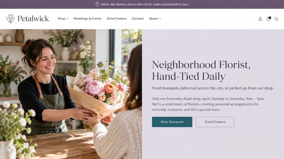 Landing page website design, neighborhood flower shop with a handoff photo: purple delivery bar, photo of a florist handing a pink bouquet to a customer, lilac panel with a serif headline, teal button