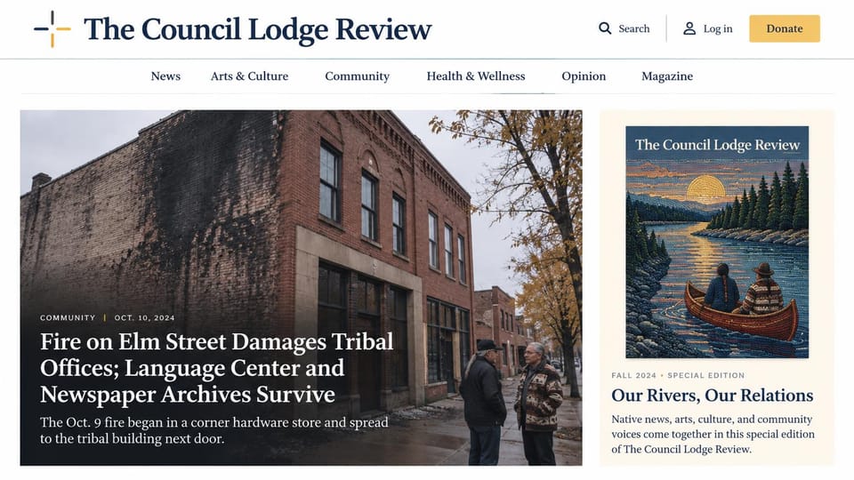 News and magazine website design, native community news with a special edition cover: white page, navy serif wordmark with a gold cross of strokes, yellow donate button, a fire-damaged brick building with two men talking on the sidewalk, a beadwork-style cover of a canoe at sunset