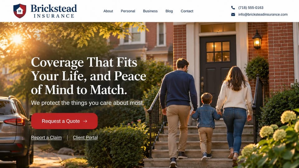 Insurance agency website design, home and family coverage with claims links under the button: white header, a full-width golden hour photo of a family walking up brick townhouse steps, a white serif headline, a red quote button and two text links