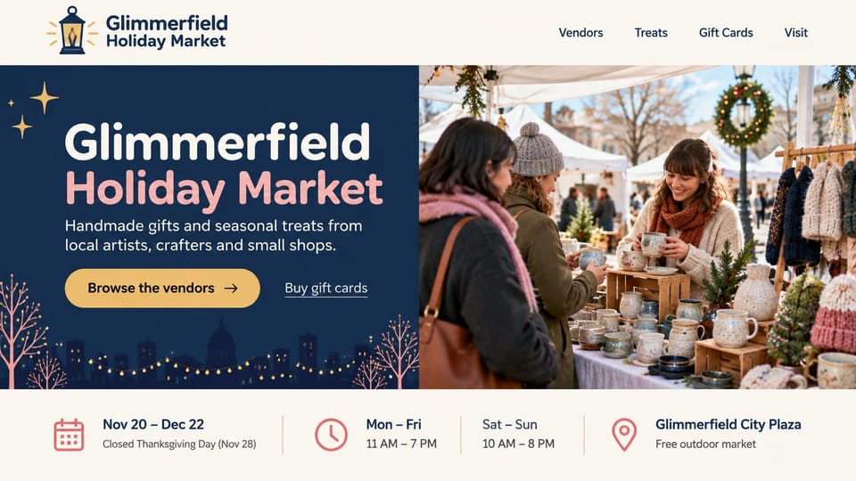Event website design, outdoor holiday market with gift cards and hours: cream header with a lantern logo, navy panel with a white and pink headline and a gold vendors button, a photo of shoppers at a ceramics and knitwear stall, a strip of dates, hours and place
