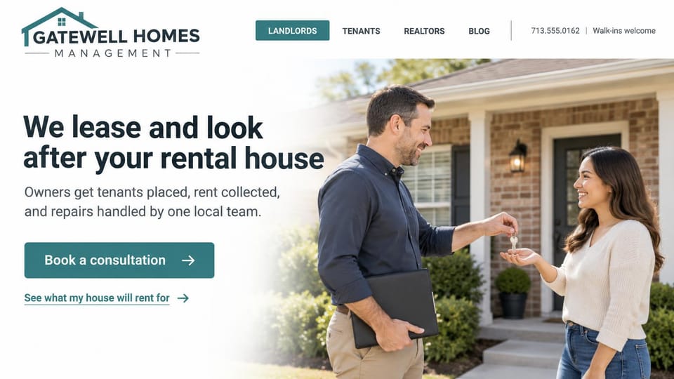 Property management website design, single-family rental management with landlord and realtor tabs: white page, a teal roof logo, a bold charcoal headline, a teal consultation button and a manager handing keys to a woman at a brick ranch house