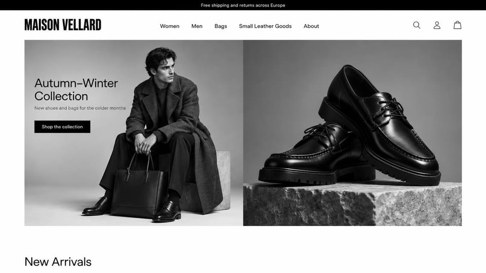 Fashion website design, shoes and bags in black and white: white page with a bold condensed logo, black-and-white split hero of a man with a tote and a pair of leather shoes on stone