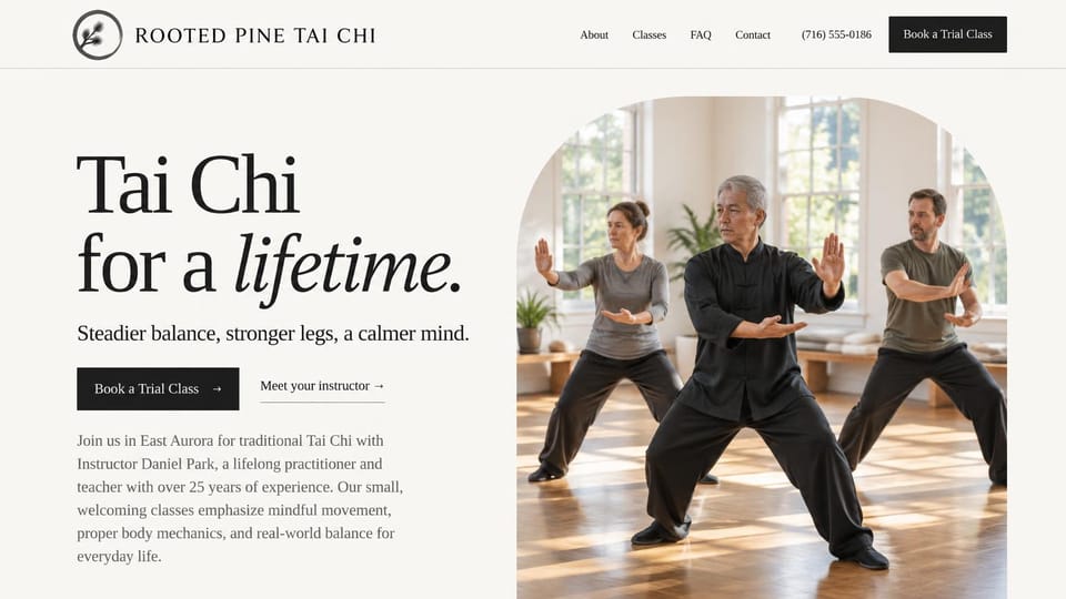 Martial arts website design, tai chi classes with an arched photo: cream page, an oversized black serif headline with an italic word, an arched photo of a small tai chi class in a sunny room