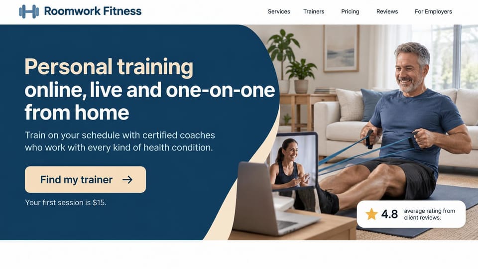 Personal trainer website design, live one-on-one training by video at home: white page with a navy wave panel, a cream and white headline, a cream find my trainer button, an older man doing band rows at home with his trainer on a monitor, a rating card