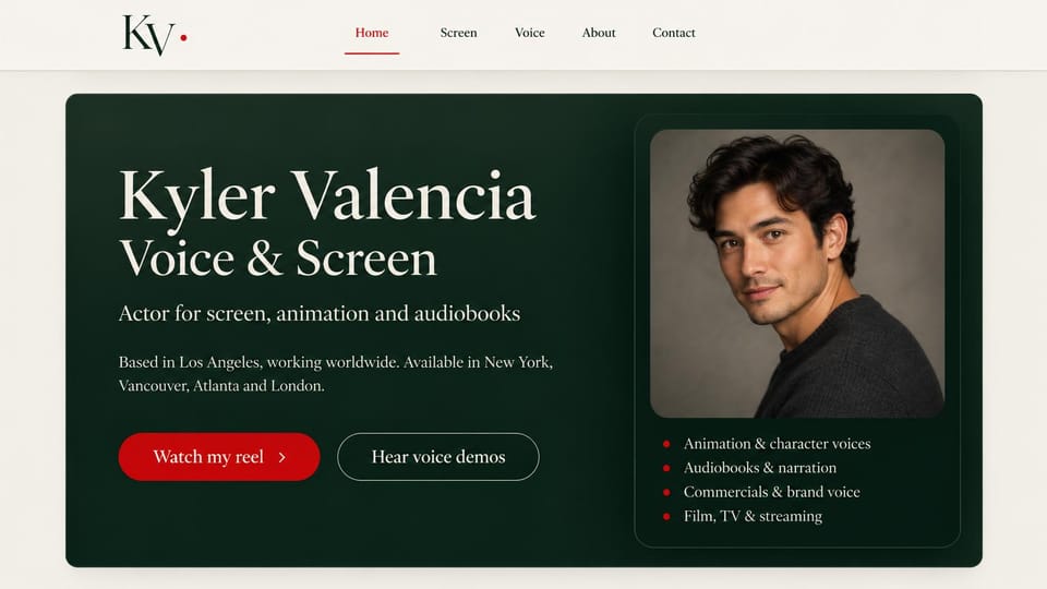 Actor website design, voice and screen actor in deep green: deep green rounded panel on cream, a large cream serif name, a red reel button and an outlined demos button, a framed headshot above a short list of services