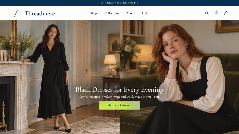 Fashion website design, black evening dresses in a classic apartment: navy top bar, a script needle logo, split photos of a woman in a black wrap dress by a marble fireplace and a redhead in a black pinafore on a green velvet sofa, a white serif headline and a lime button
