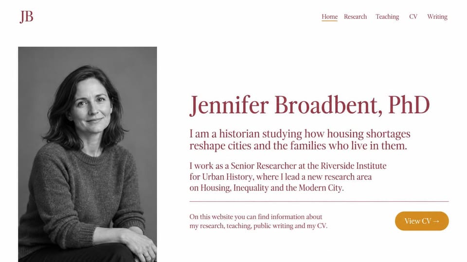 Resume website design, historian with a tall black and white portrait: white page, a tall black and white portrait of a woman, a large burgundy serif name and a gold view CV button