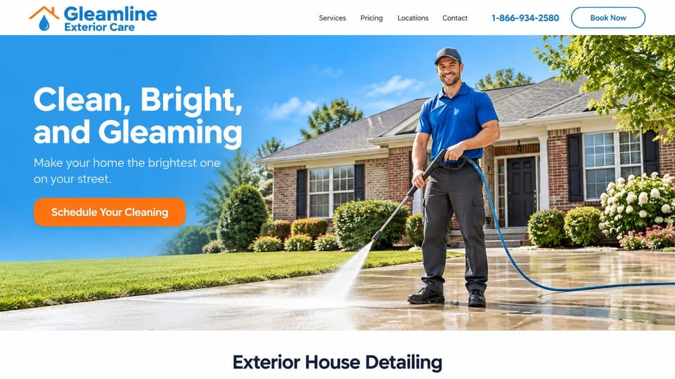 Pressure washing website design, house washing, bright and sunny: white header, a smiling worker in a blue shirt pressure washing a driveway in front of a brick home, a navy headline, an orange button