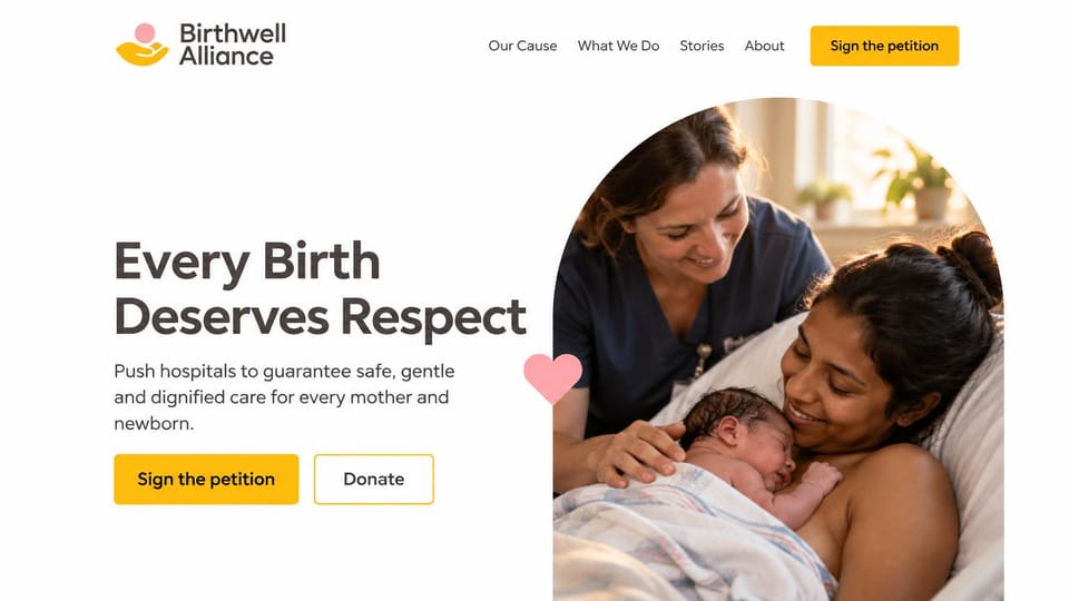 Nonprofit website design, maternal health with a petition and a gift: white page, a mother holding her newborn in a round photo, a yellow petition button