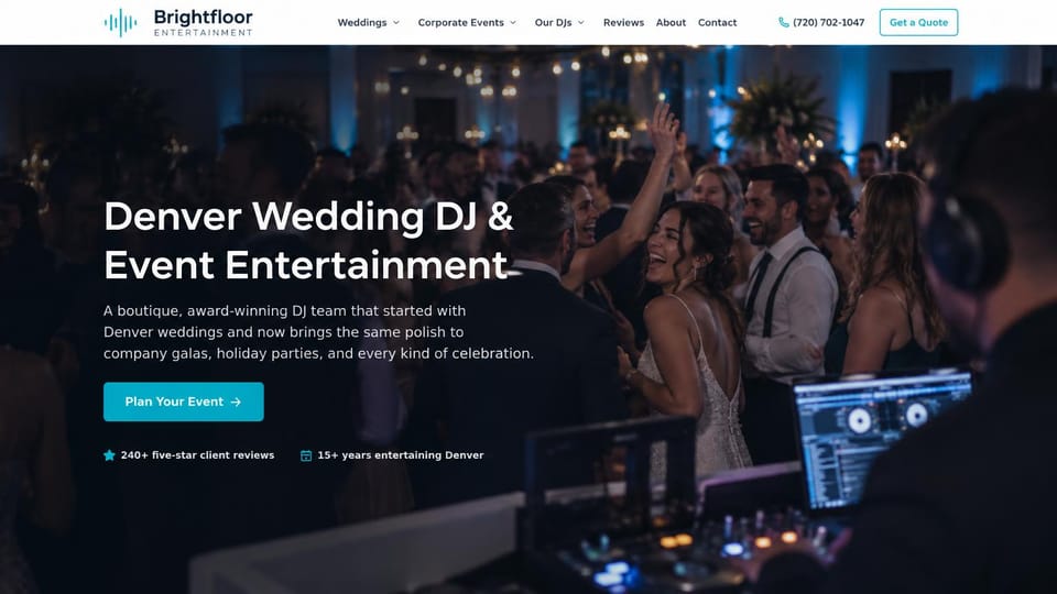 DJ website design, wedding and corporate event DJs with a quote button: white top bar with a phone number, a dark photo of wedding guests dancing behind DJ laptops, white sans headline, teal button