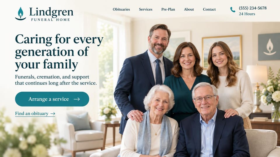 Funeral home website design, family-owned funeral home with a three-generation portrait: ivory page with a candle mark, a teal serif headline and teal button beside a portrait of a smiling three-generation family in a sunlit sitting room