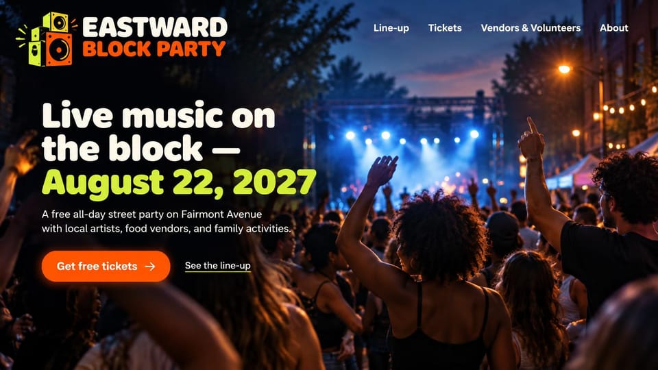 Event website design, night block party with free tickets: dark photo of a crowd under blue stage lights at night, white and lime headline, orange free ticket button