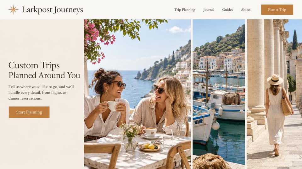 Travel agency website design, custom trip planning with three photo panels: cream side panel with a serif headline and ochre button, three tall photo panels of friends at a seaside cafe, a harbor with boats and a woman walking past columns