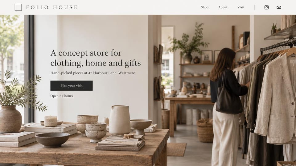 Landing page website design, concept store for clothing, home and gifts: bright shop interior with ceramics on a wooden table and a woman browsing a clothing rail, dark serif headline and a black button
