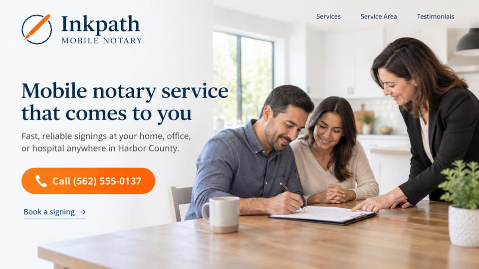 Notary website design, mobile notary with the phone number as the main button: white page, a navy serif headline, an orange call button and a notary guiding a couple signing at a kitchen table