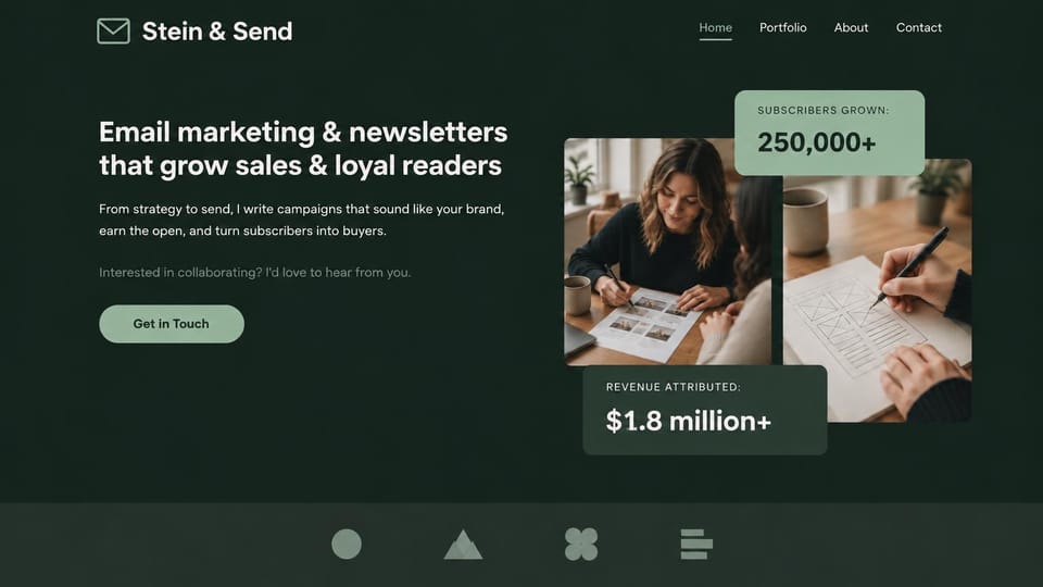 Marketing portfolio website design, newsletter writer with results on photo cards: deep green page, a white headline, two photos of people planning at a desk, sage stat cards and a row of simple marks