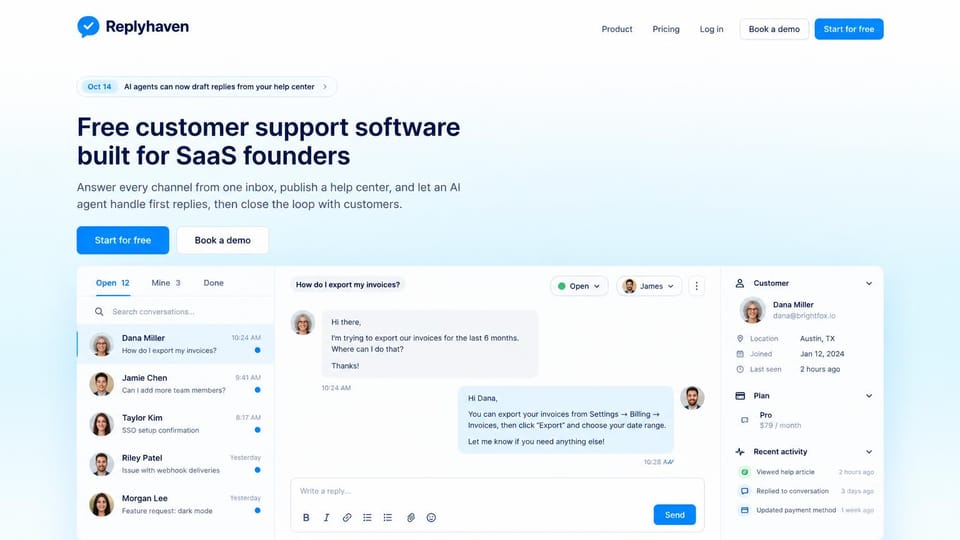 SaaS website design, help desk for founders with the inbox shown: white page, black headline, a blue button and a full shared inbox screenshot