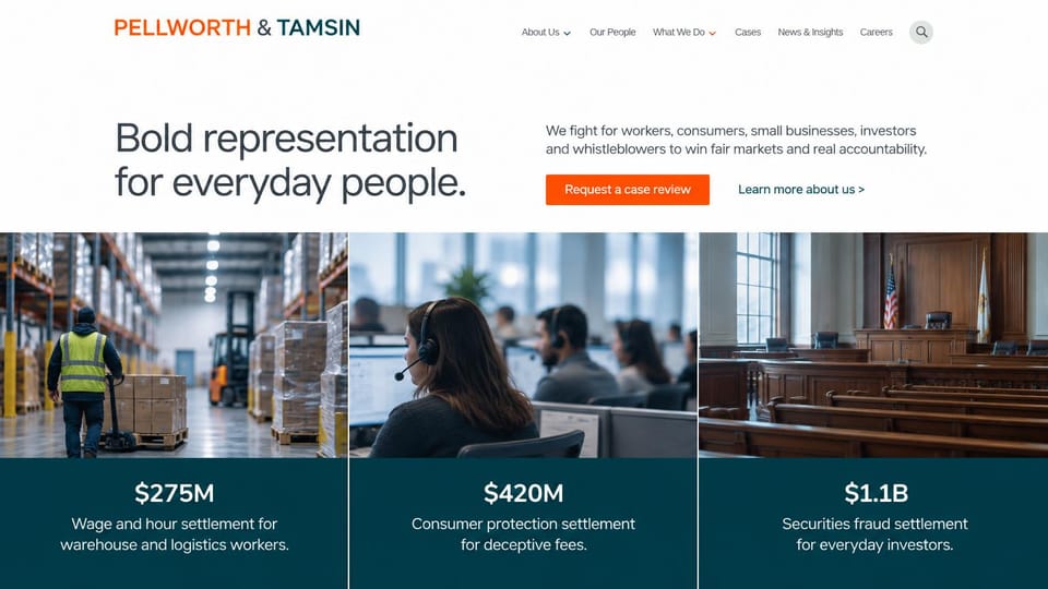 Law firm website design, plaintiff firm with results up front: white, teal and orange, three photos above three settlement figures