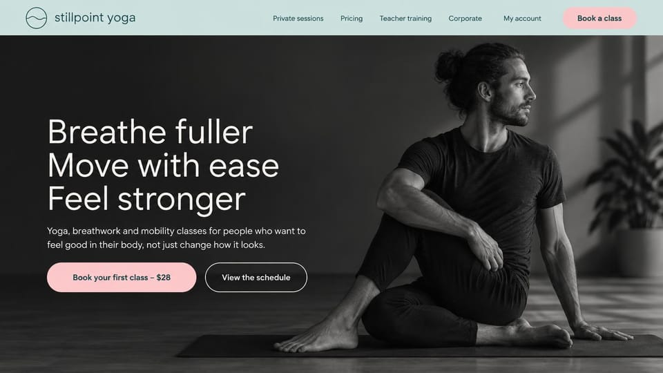 Fitness website design, yoga and breathwork in black and white: pale mint header, a black and white photo of a man stretching on a mat, a pink booking button