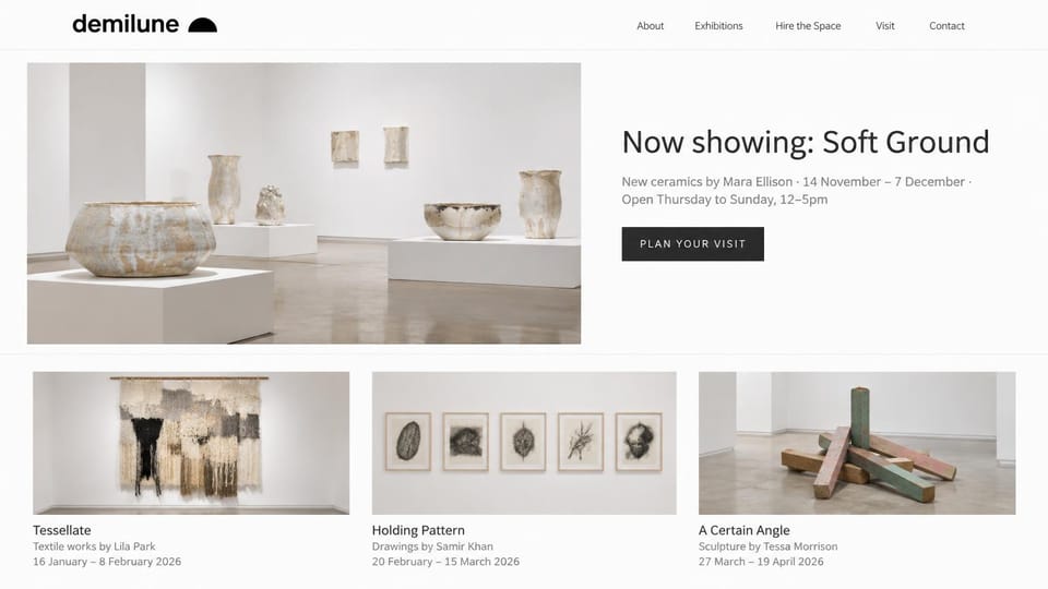Art gallery website design, independent space with upcoming shows in a row: white page, a black wordmark with a half-moon mark, a gallery photo of pale ceramic vessels beside the show title, three cards of textiles, drawings and sculpture below
