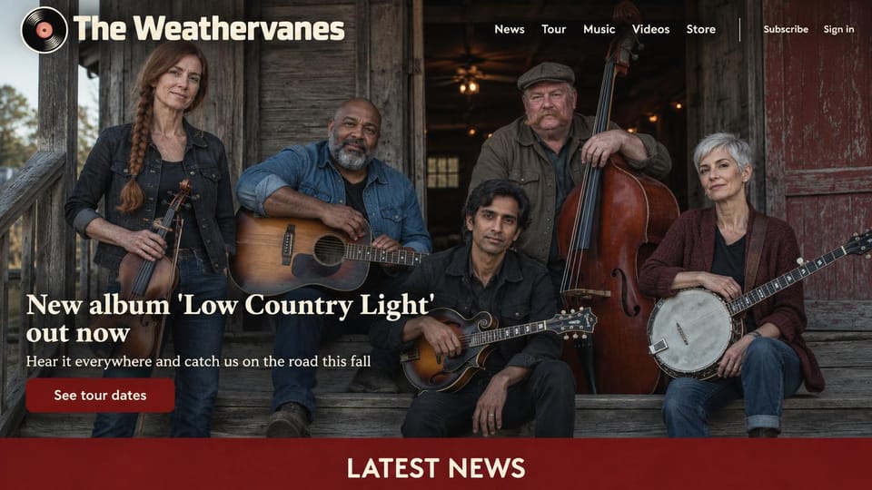 Musician website design, roots band on the front porch: a folk band with fiddle, banjo and upright bass outside a weathered wooden building, a red news bar below
