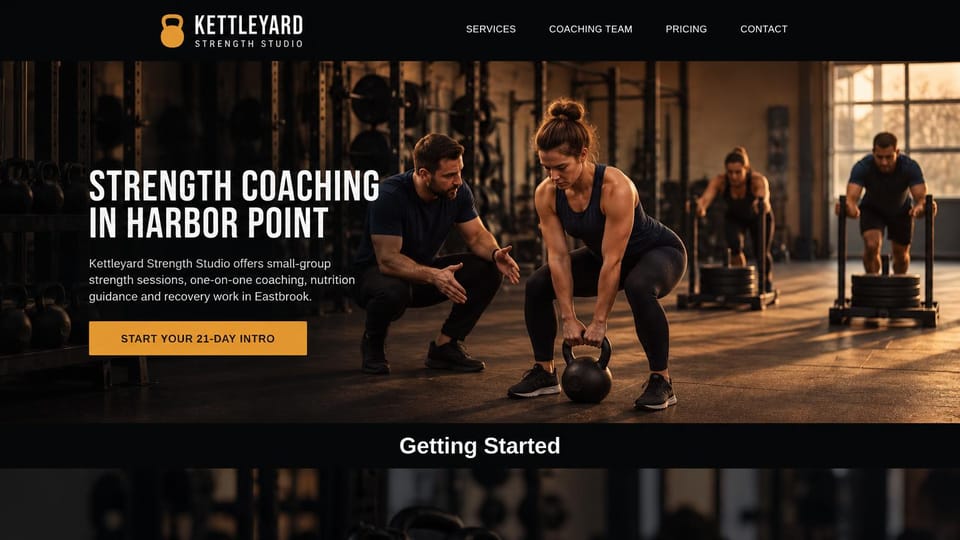 Personal trainer website design, strength studio with an intro offer and a busy floor: black header, a warm dark gym where a coach guides a woman's kettlebell deadlift while others push sleds, a white condensed headline, an amber intro button