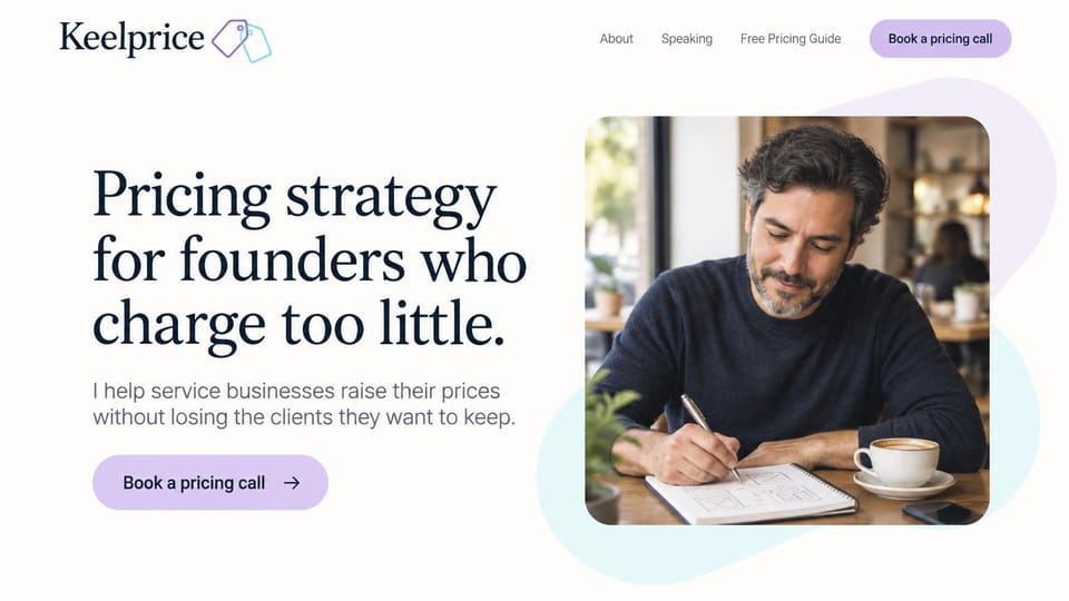 Consulting website design, pricing consultant with a café portrait in lavender: white page with lavender and aqua shapes, a navy serif headline, a lavender call button and a rounded photo of a man sketching at a café table