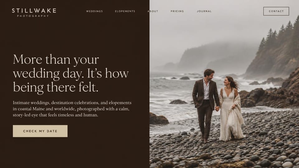 Wedding photographer website design, coastal elopement photographer with an espresso side panel: espresso brown panel with a cream serif headline and a sand button, a couple walking hand in hand on a misty pebble beach below rocky cliffs