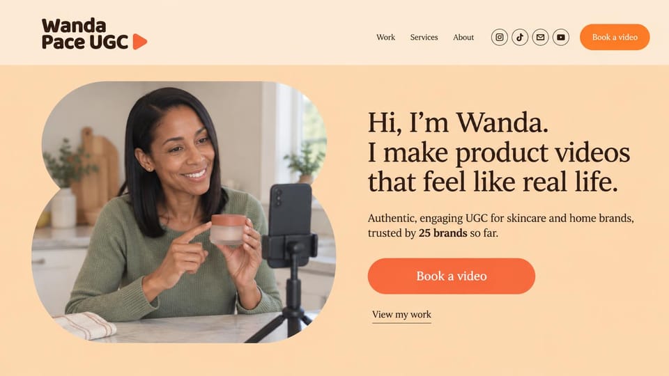 UGC portfolio website design, skincare UGC in a soft rounded frame: peach page, dark brown serif headline, orange buttons, a smiling woman showing a jar to a phone on a tripod in a rounded frame