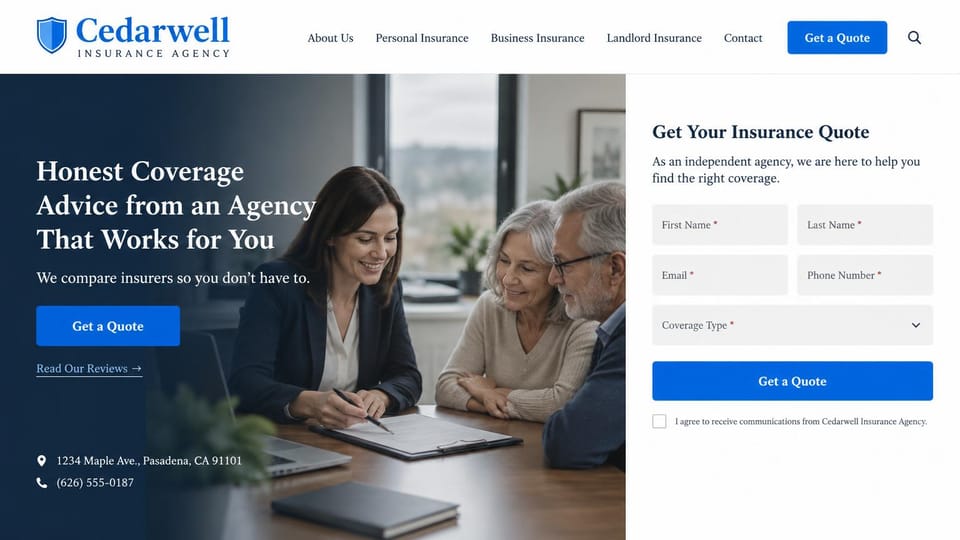 Insurance agency website design, independent agency with a full quote form: white header, navy shading over a photo of an agent with an older couple, white serif headline, blue quote button, a quote form on white