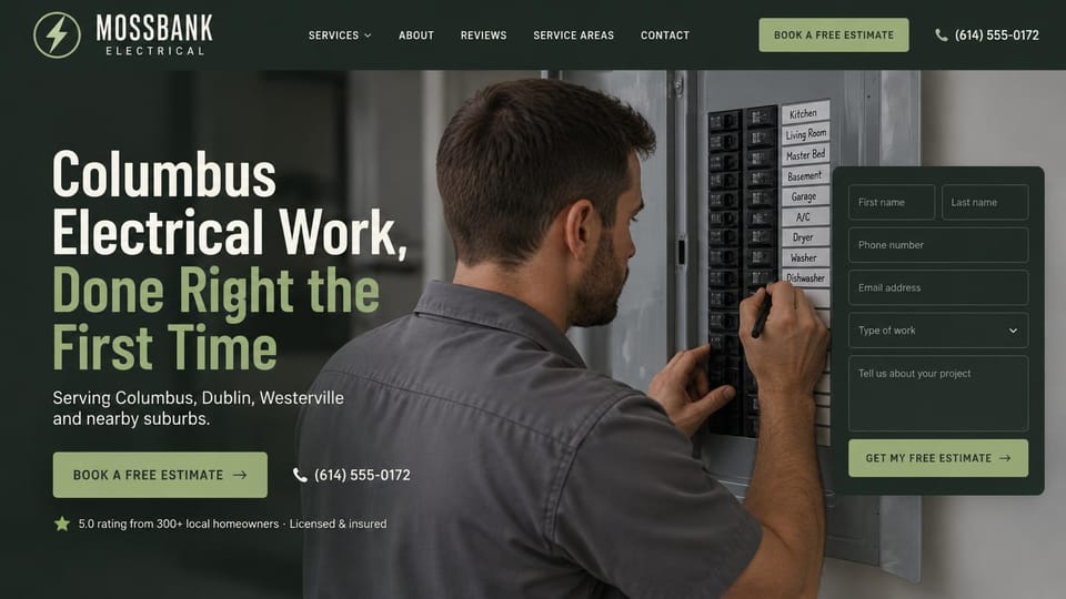 Electrician website design, home electrician labeling a panel, with an estimate form: dark green page with a cream and sage condensed headline and sage buttons, an electrician labeling circuits on a breaker panel, an estimate form on the right