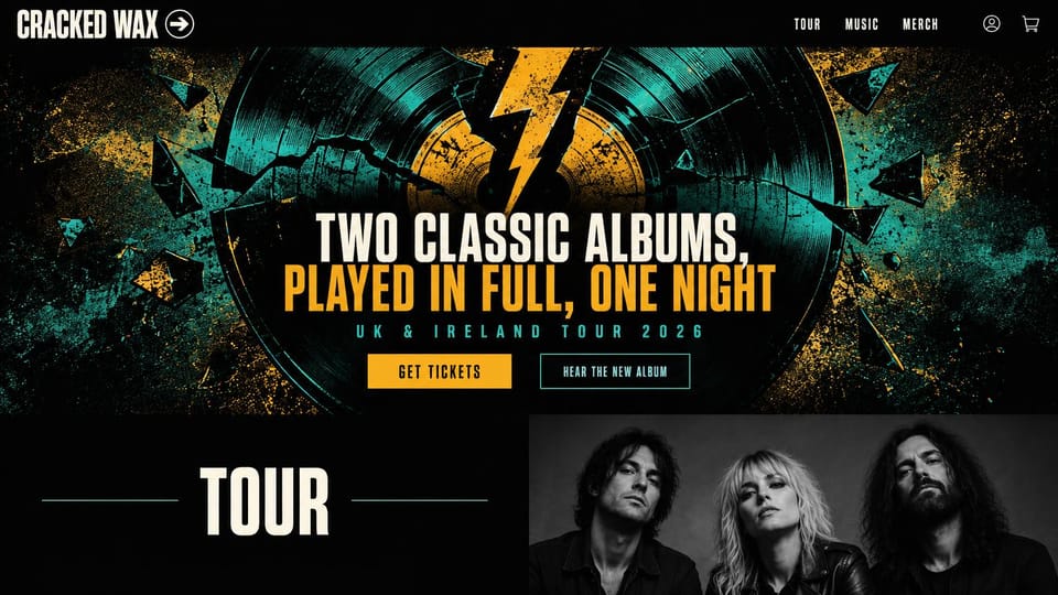 Musician website design, anniversary tour as a gig poster: a shattered teal and amber record graphic, a cream headline and a band photo strip below