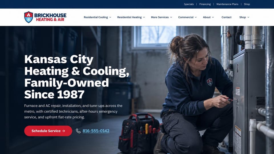 HVAC website design, furnace repair with a technician at work: navy top bar, white header with a shield logo, a dark photo of a woman technician working on a basement furnace, a bold white headline and red button